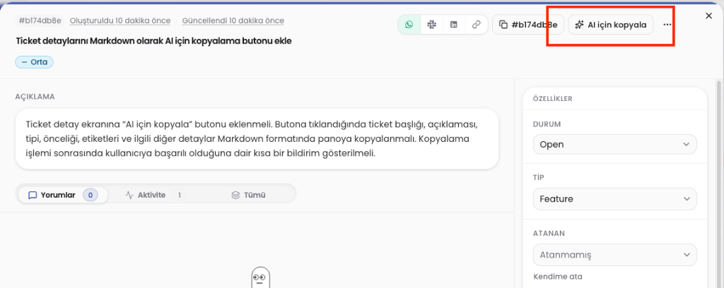 AI için bilet detaylarını Markdown kopyalama